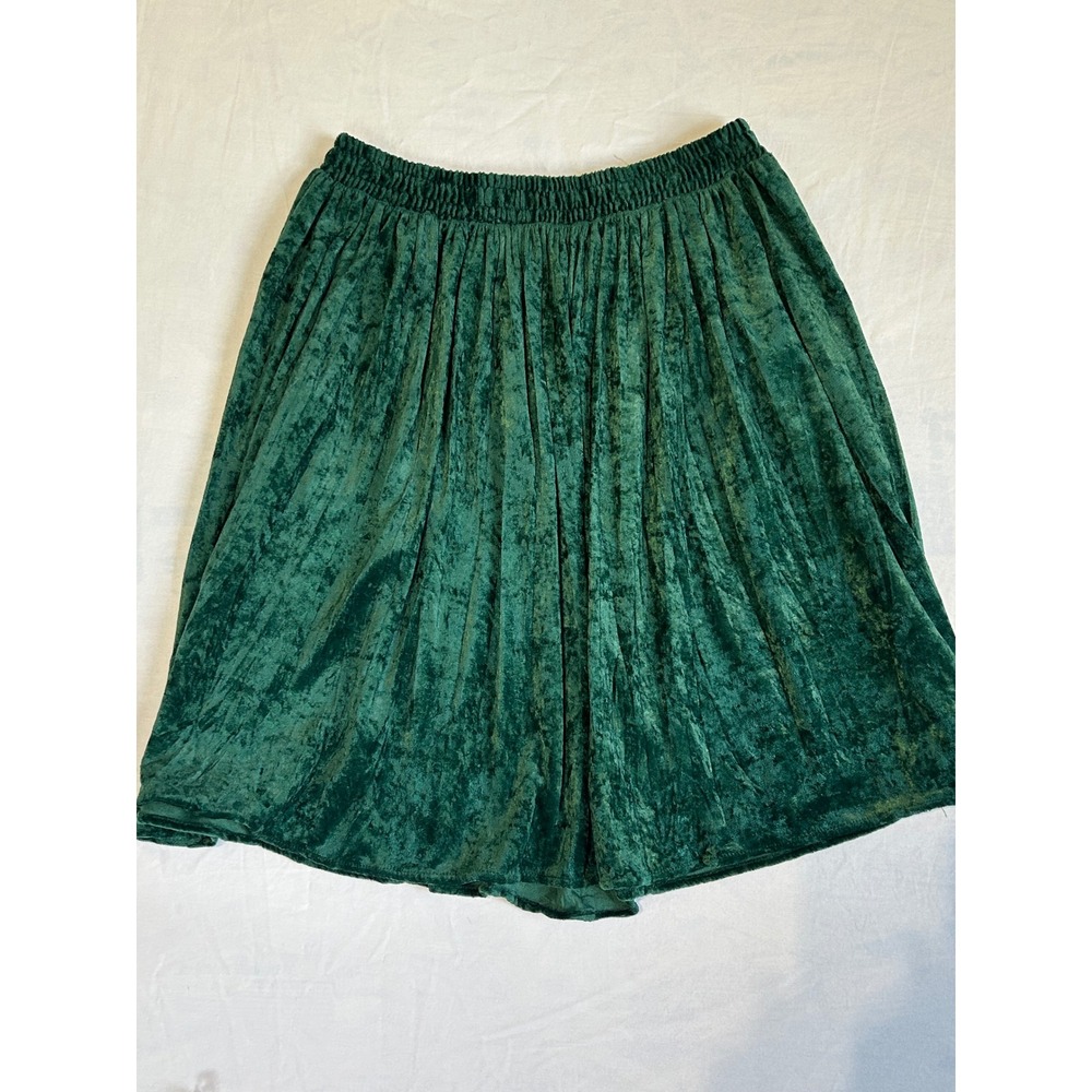 Vintage Bonjour Green Crushed Velvet Skirt Womens Large Elastic Waist Skater USA - Picture 2 of 5
